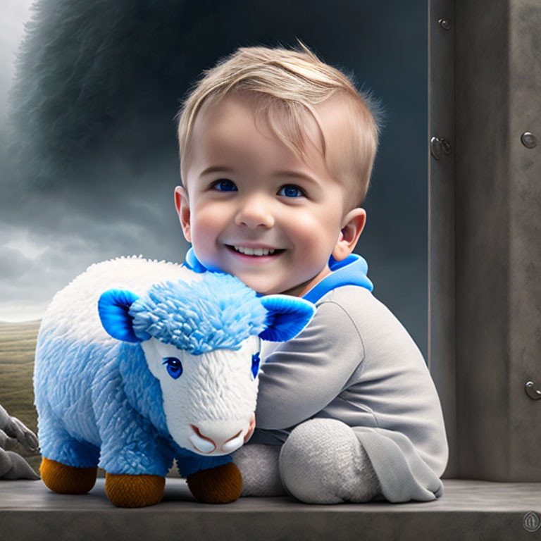 Cheerful child holding blue stuffed sheep by stormy door