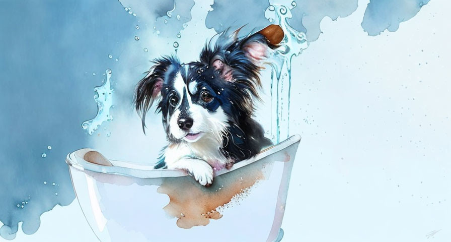 Black and White Dog with Pointed Ears Peeking from Tub