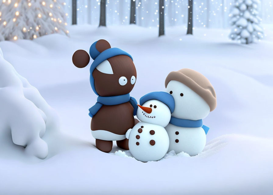 Brown Bear and Snowman in Snowy Forest with Lit-Up Trees