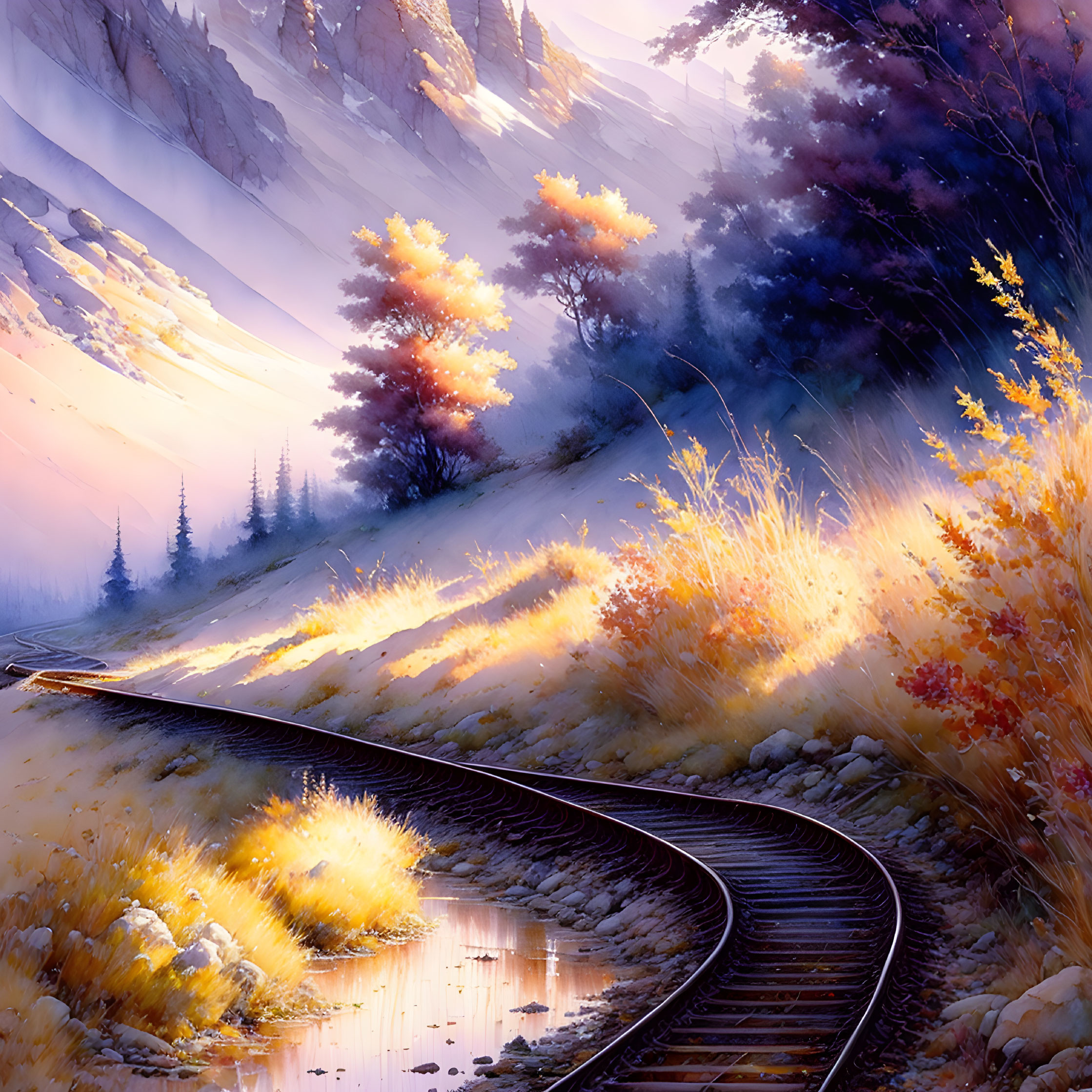 Curving Railroad Tracks in Autumn Landscape with Golden Foliage