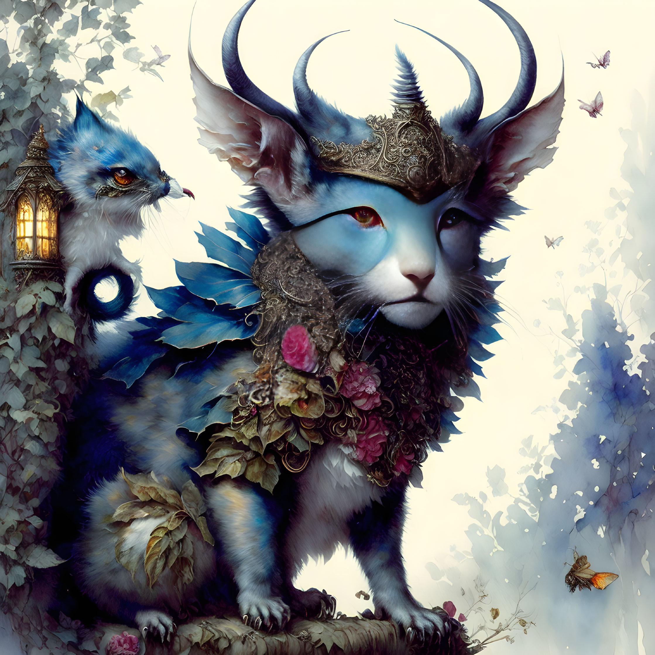 Majestic cat adorned with antlers and ornaments in a fantasy setting