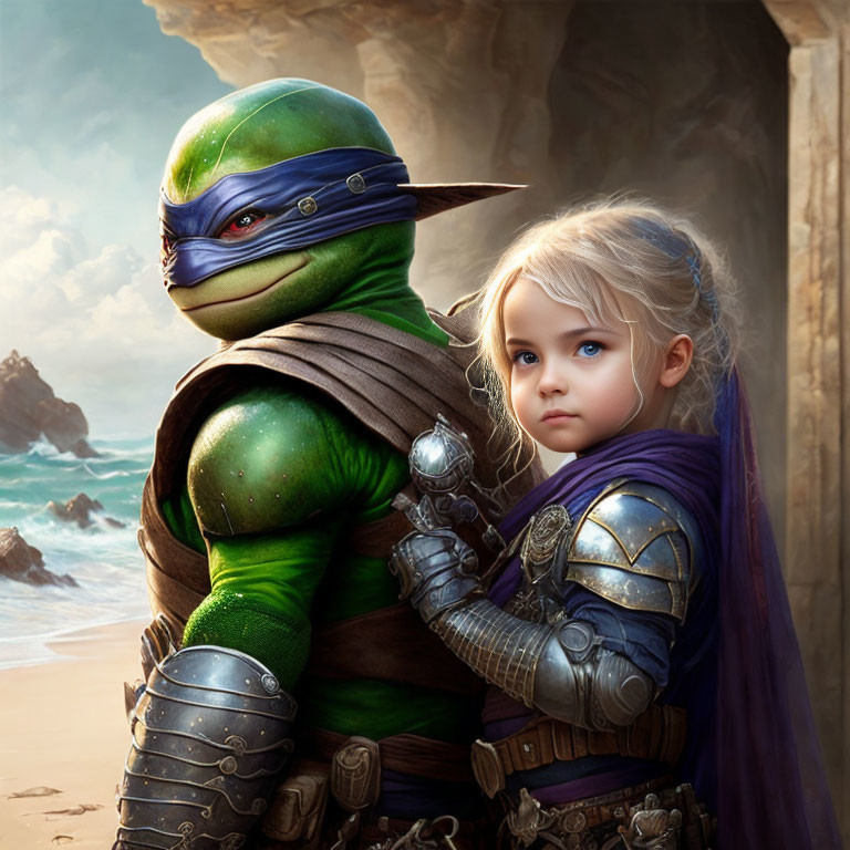 Young girl in warrior costume with Teenage Mutant Ninja Turtle by coastal backdrop