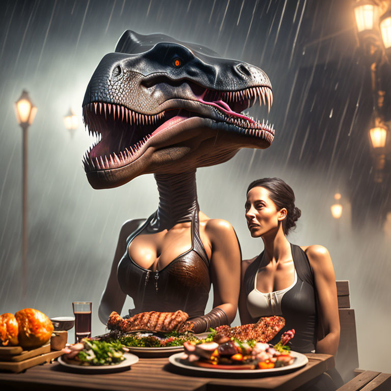 Woman and velociraptor dining in rainy ambiance