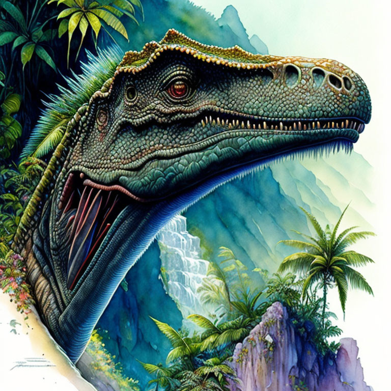 Realistic dinosaur head in prehistoric landscape with ferns and waterfall.