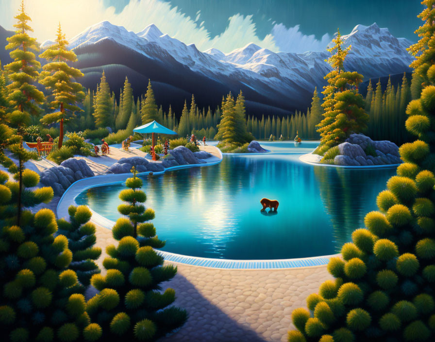 Bear in tranquil landscape with lake, mountains & gazebo