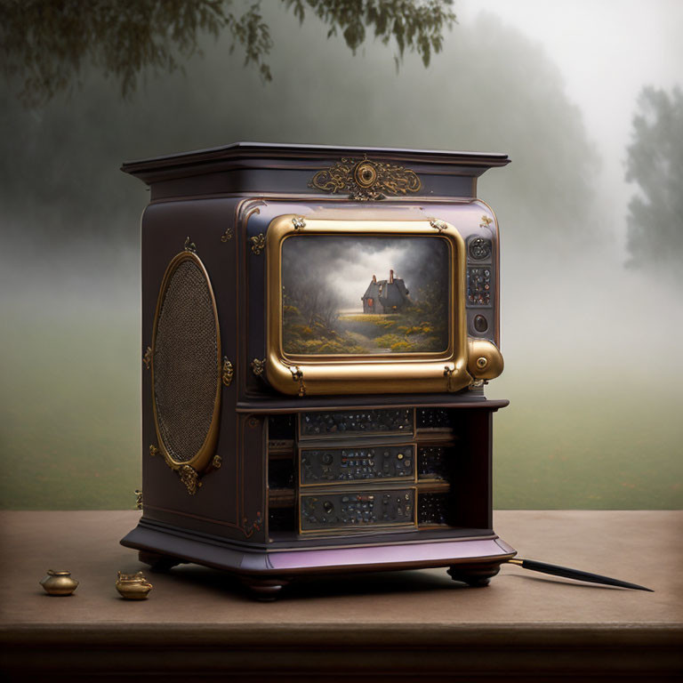 Vintage ornate television set on wooden surface in foggy backdrop