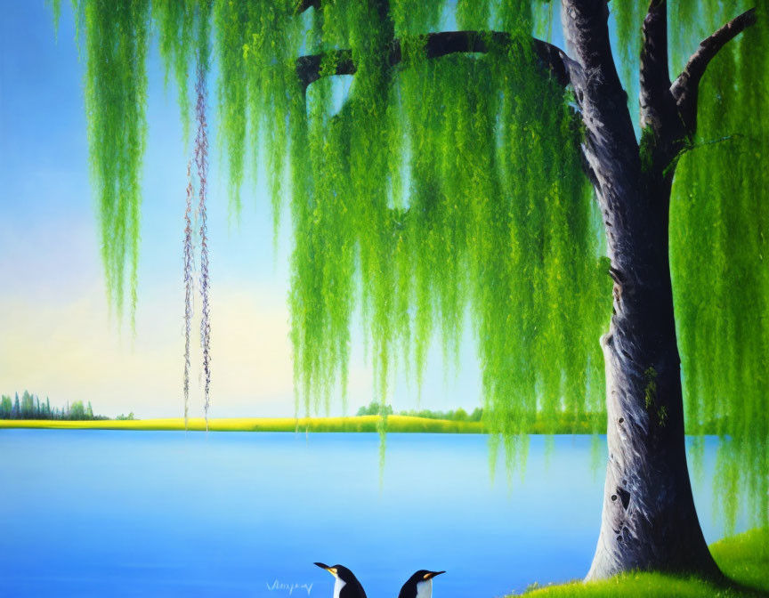 Tranquil landscape with weeping willow tree, blue lake, and silhouetted birds