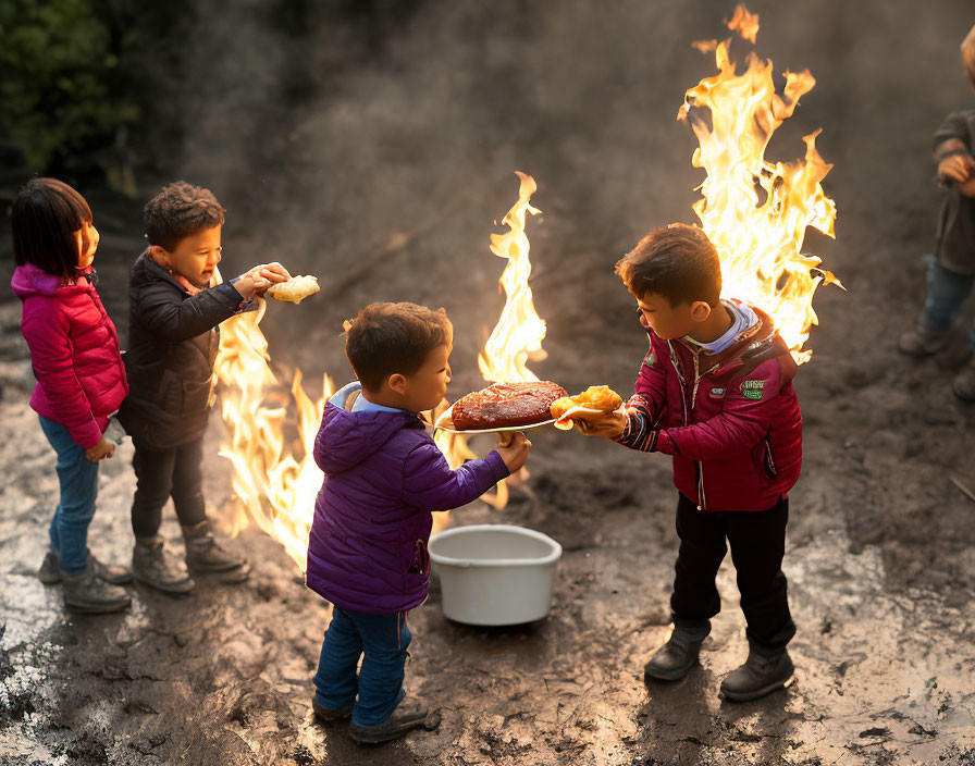 Children in Winter Clothing Roast Food Over Campfire in Outdoor Setting