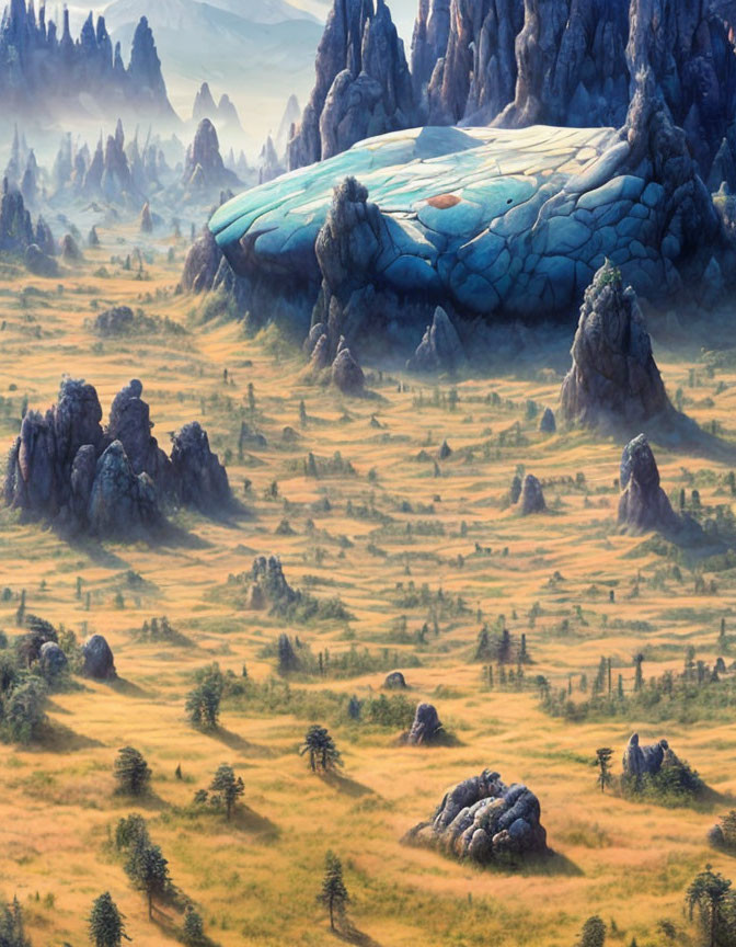 Fantastical landscape with massive stone structure and icy blue top in grassy valley