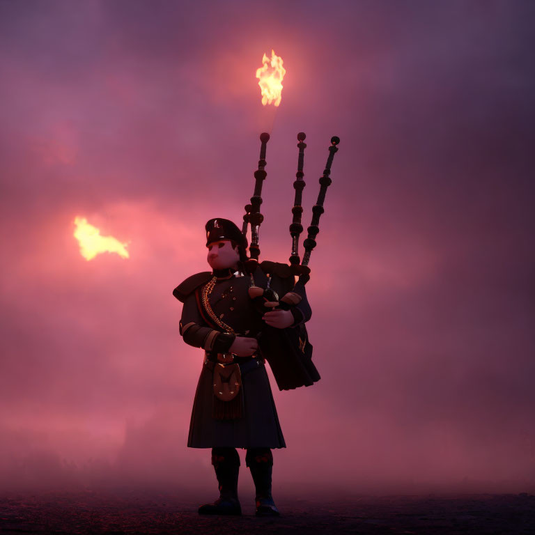 Traditional Scottish bagpiper playing bagpipes at dusk with lit torches in background