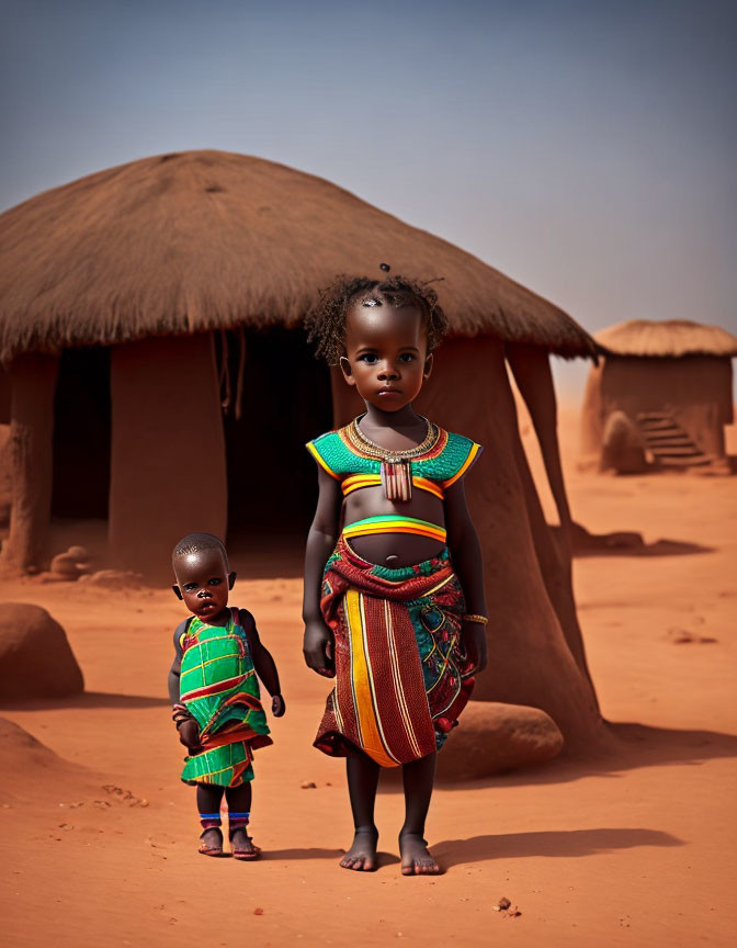 Children in Colorful Traditional Attire by Thatched Hut