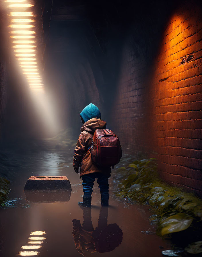 Person in Brick-Lined Tunnel with Water, Illuminated by Light