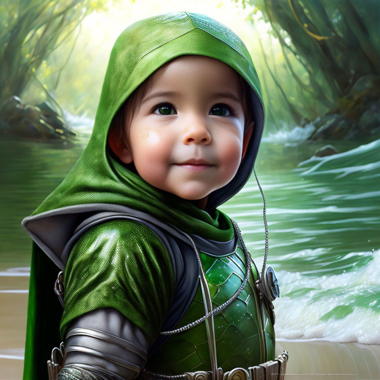 Child in green hooded cloak and armor in fantasy forest backdrop