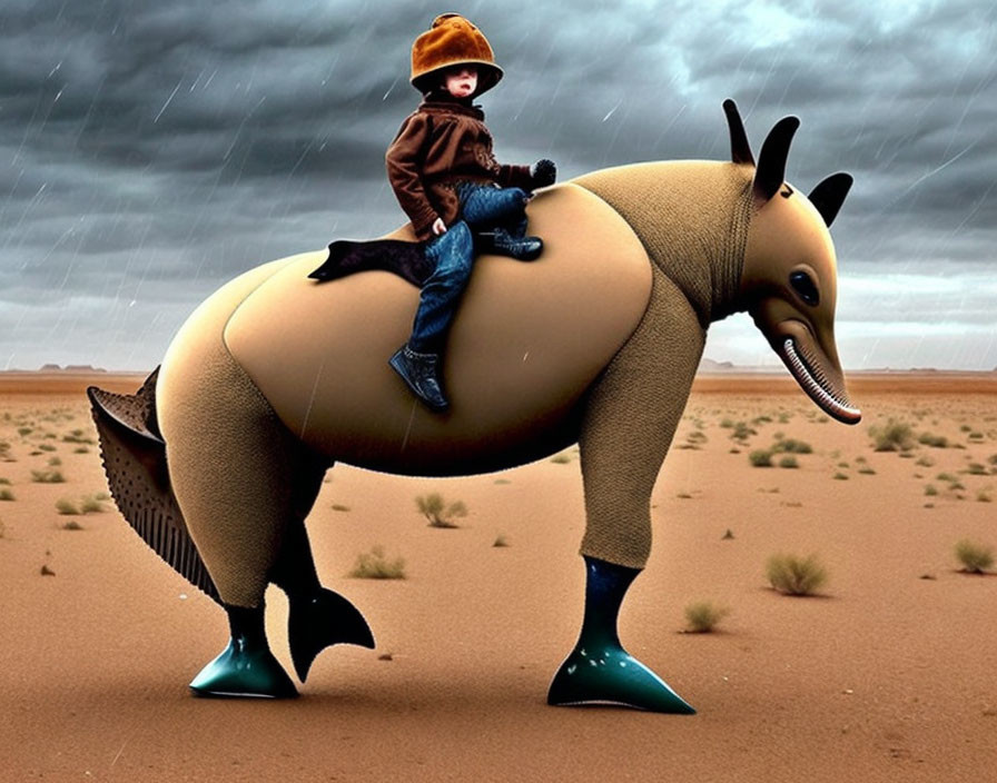 Child in brown jacket rides fantastical creature under rainy desert sky