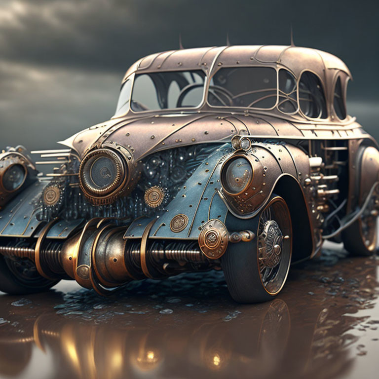 Steampunk-inspired vehicle with intricate metalwork and circular accents against a moody sky