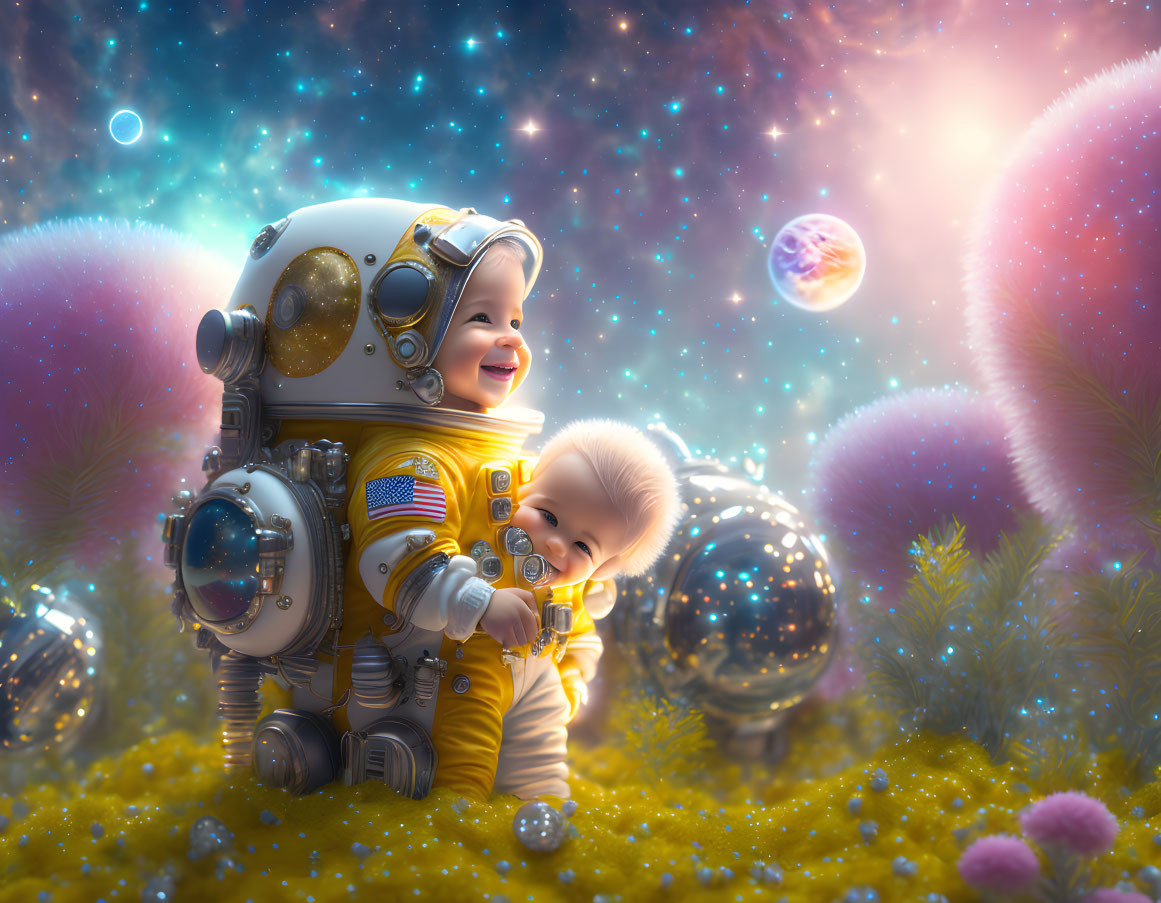 Toddler and Baby in Spacesuits Embrace in Cosmic Landscape