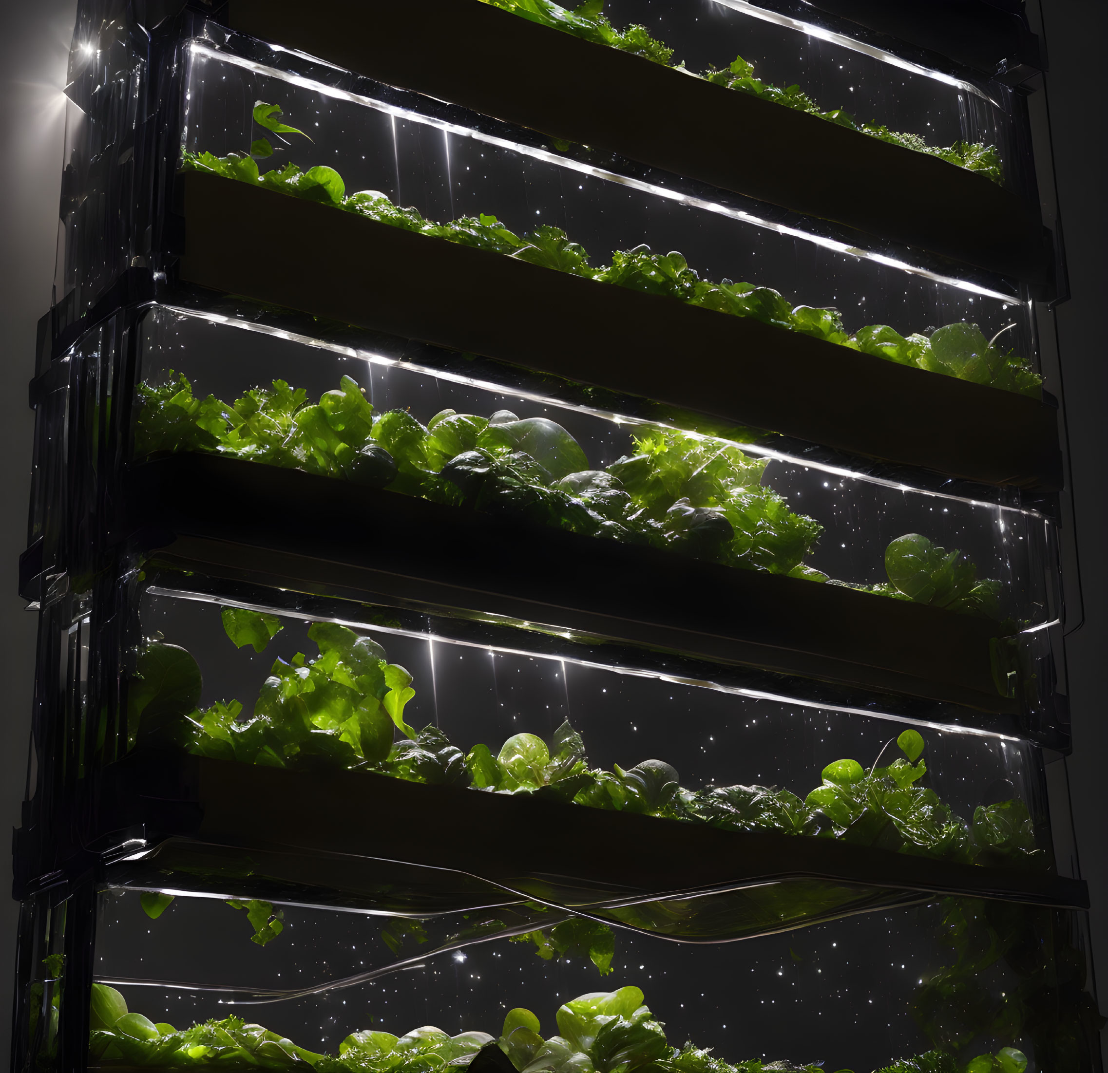 Multi-tiered hydroponic indoor farm growing leafy greens under artificial lighting