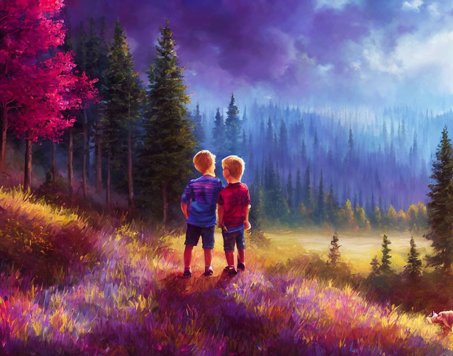 Children in vibrant meadow under purple sky and forest landscape