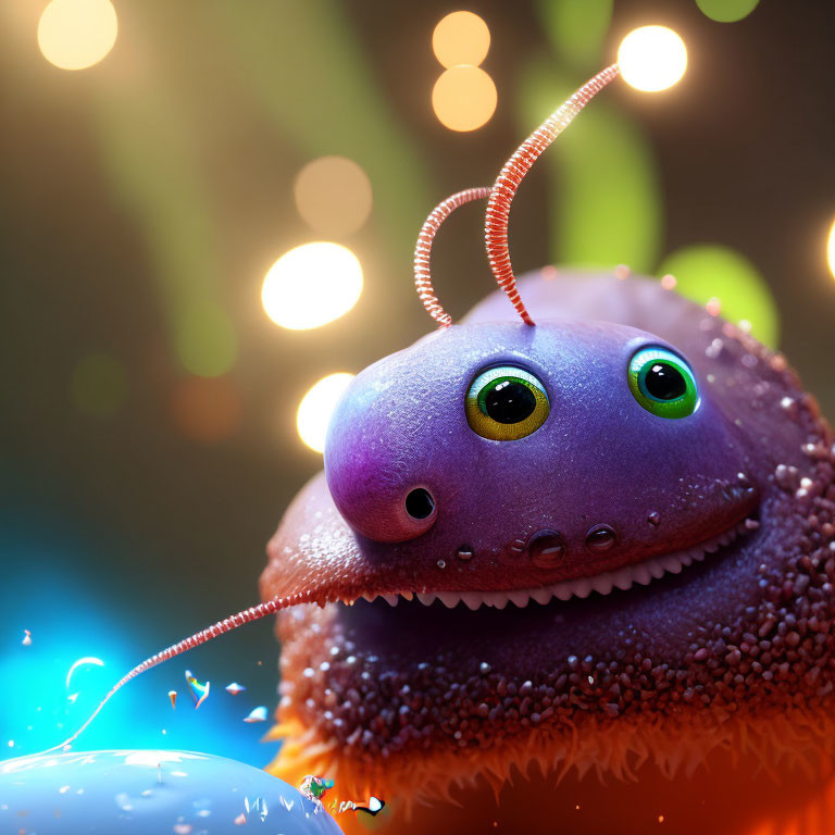 Cartoonish purple creature with green eyes and curly antennae on bokeh light background.