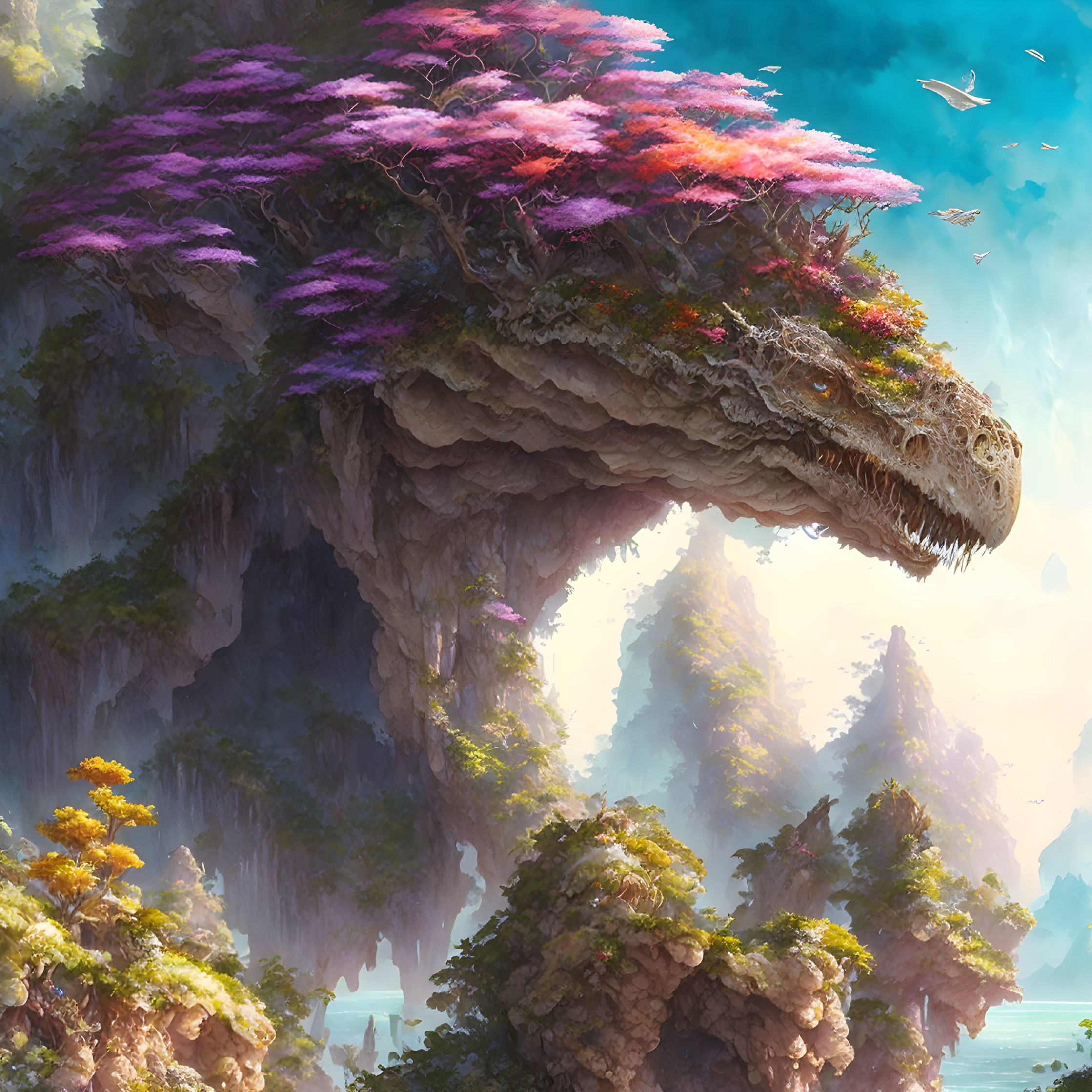 Majestic dragon head in mystical landscape with misty mountains