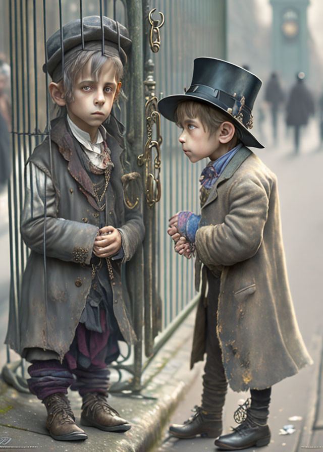 Vintage Attired Young Boys Standing Near Gate with Somber and Curious Expressions