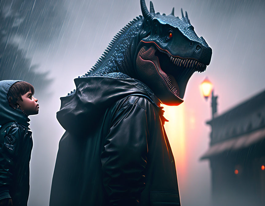 Child in hooded cloak confronts Godzilla-like creature in rainy urban scene