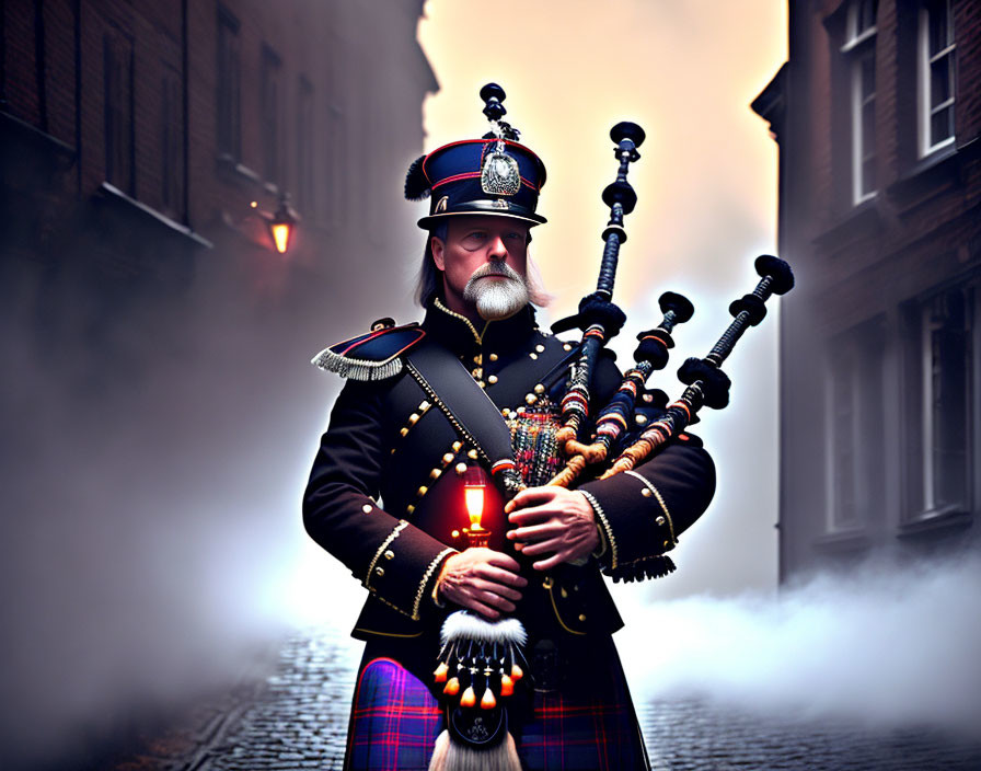 Scottish man in kilt and uniform playing bagpipes in misty setting