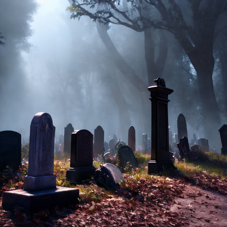 Misty graveyard with tombstones and shadowy trees