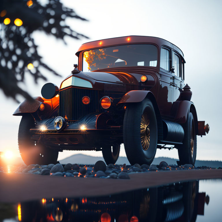 Classic Car Reflecting Headlights at Twilight by Water