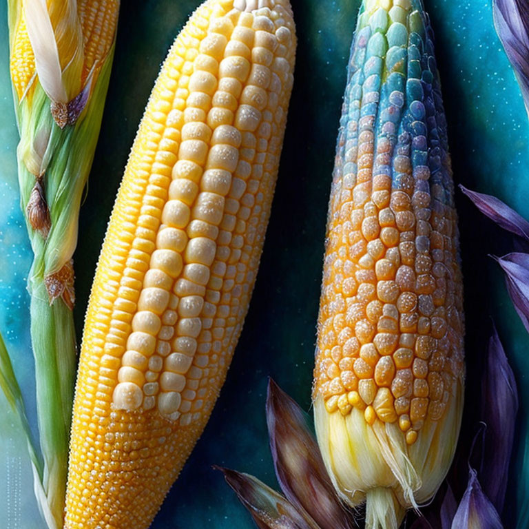 Three ripe corn cobs on blue background