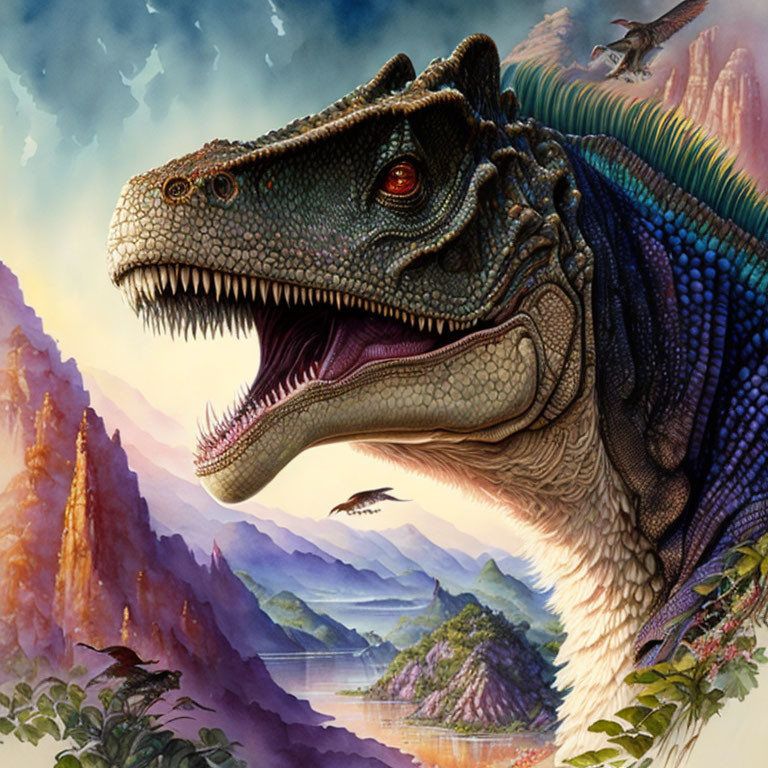 Detailed dinosaur illustration with open mouth and sharp teeth in prehistoric landscape.