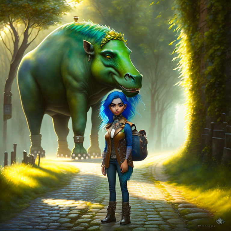 Illustration of young woman with blue hair and hippopotamus on sunlit path