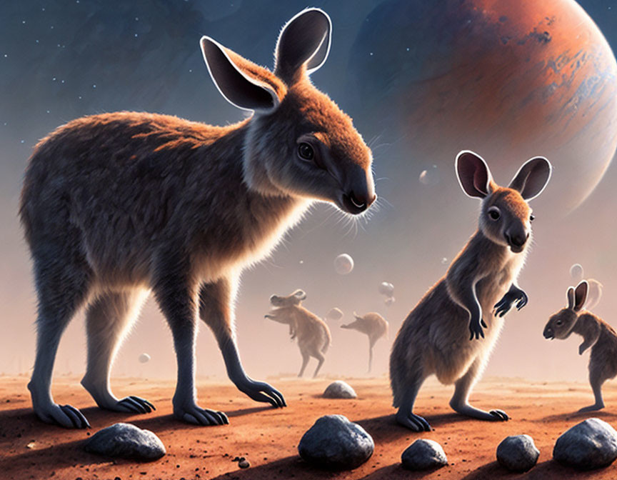 Three kangaroos on rocky alien landscape with multiple moons in background