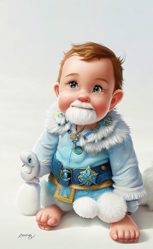 Stylized baby illustration in fantasy outfit with snowflake motif