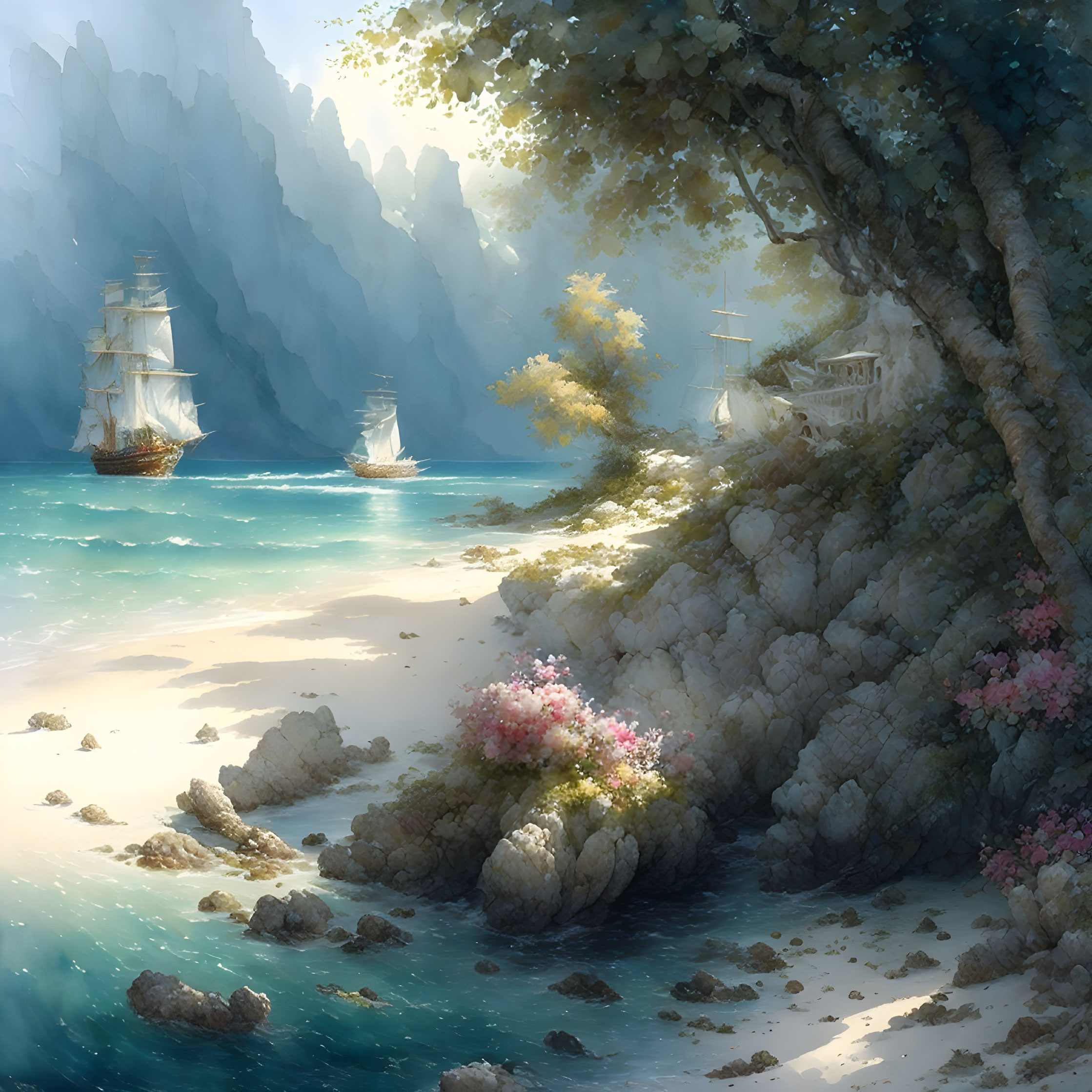 Sailing ships near sunlit cove with lush trees and mountains