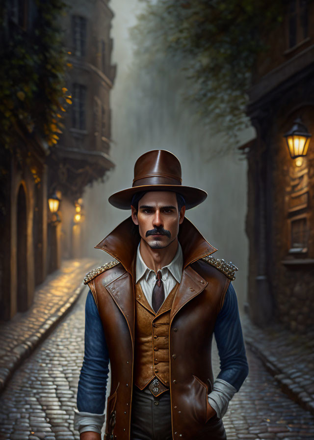 Man in vintage outfit on foggy cobblestone street among old buildings