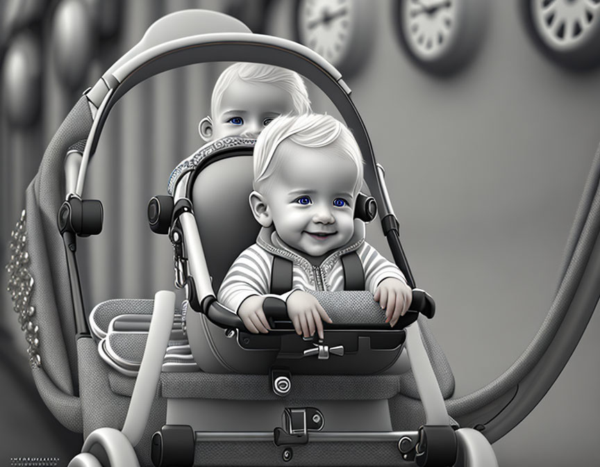 Two babies with blue eyes in modern gray stroller, one smiling, one behind.