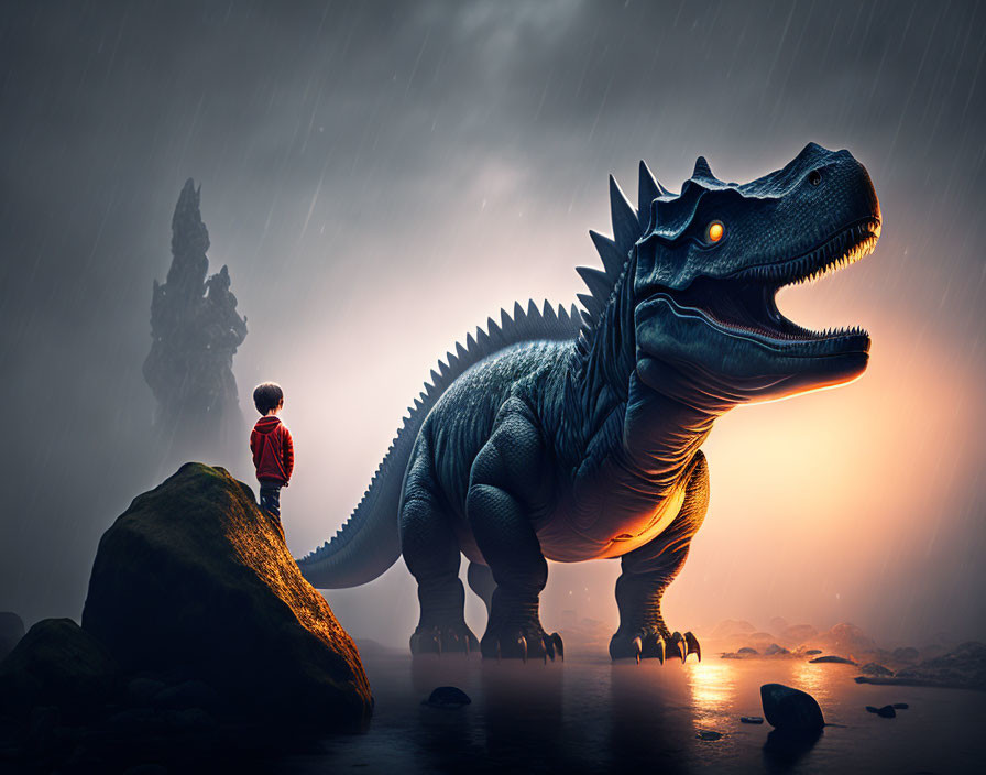 Child on rock faces fantastical dinosaur in rainy sky