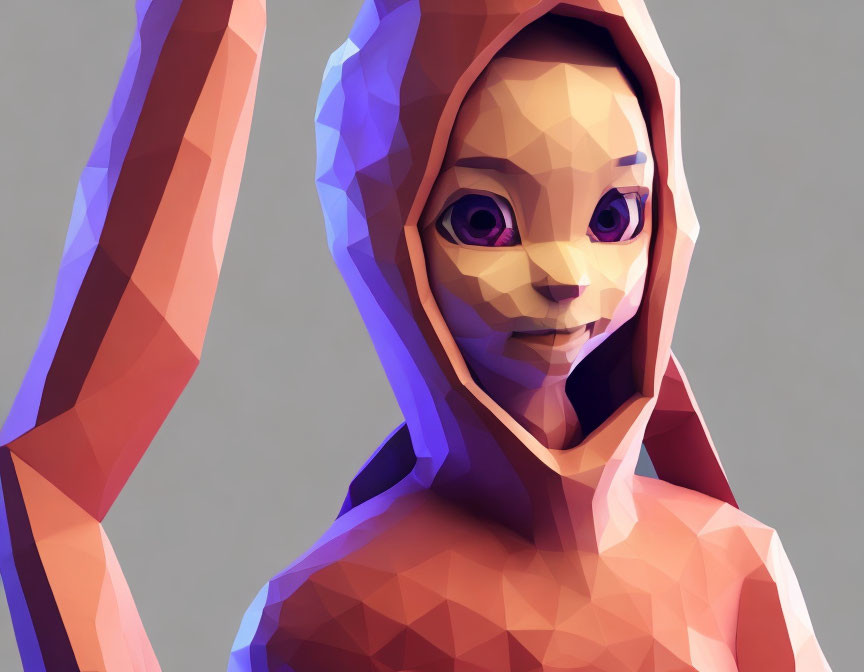 Stylized low-poly digital character art with hooded garment on grey background