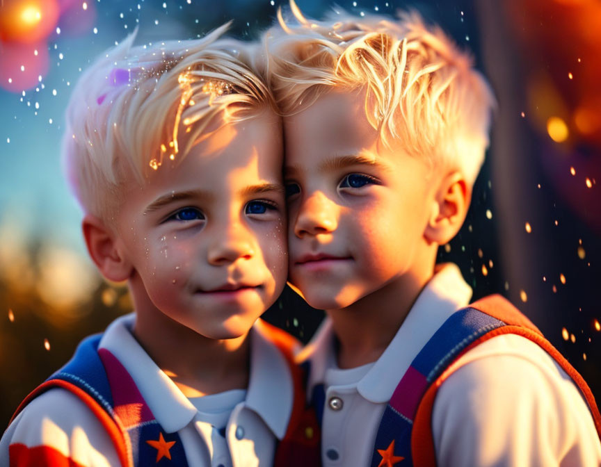 Blonde Siblings Embracing in Golden Sunlight