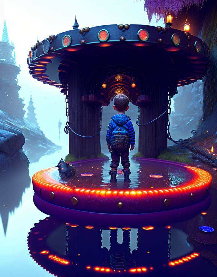 Child on Glowing Platform Faces Fantastical Structure in Mystical Landscape