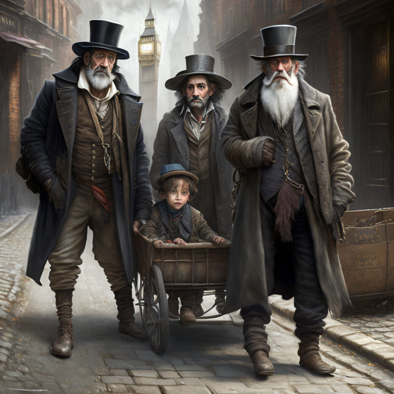 Elderly Men and Boy in Victorian Attire in Foggy Alleyway