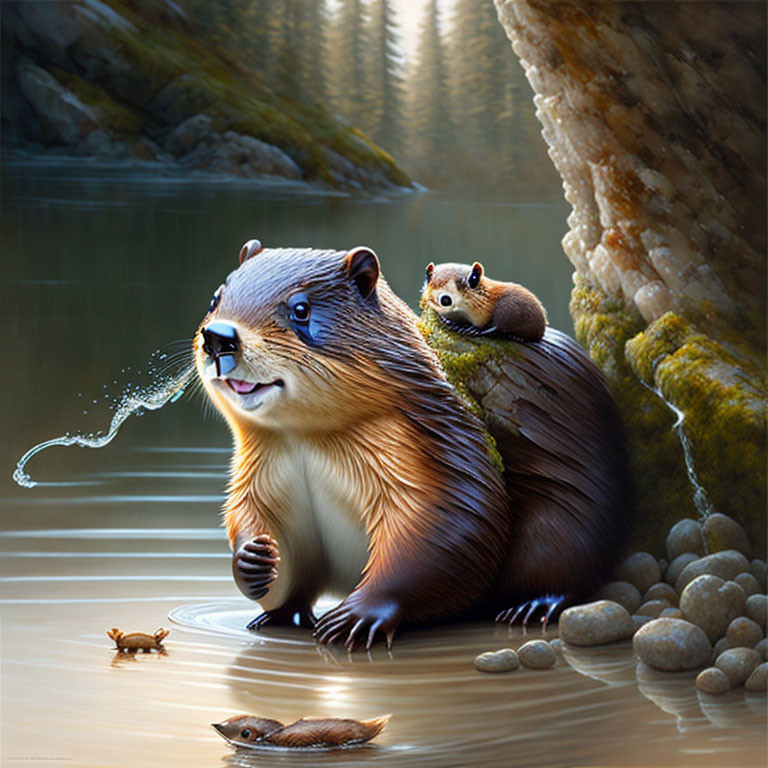 Illustration of beaver with sunglasses, squirrel on back, frog, and rocks in water