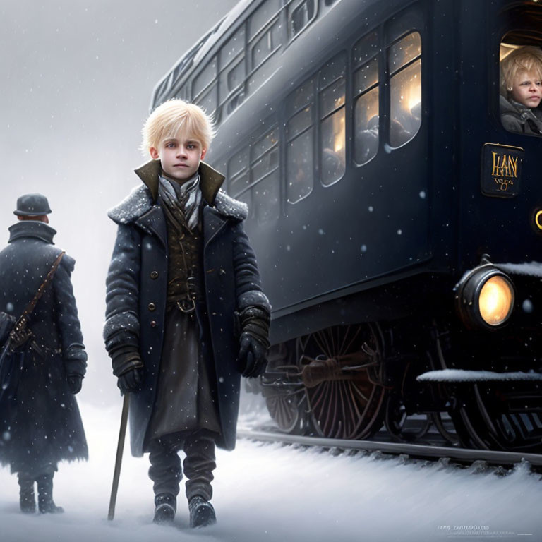 Child with pale hair in snow beside train and figure.