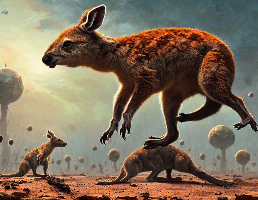 Surreal kangaroo illustration in fantastical landscape