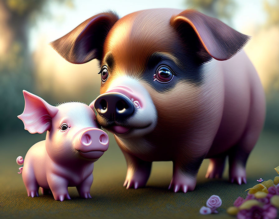 Illustration of adult pig and piglet in warm light on grassy ground