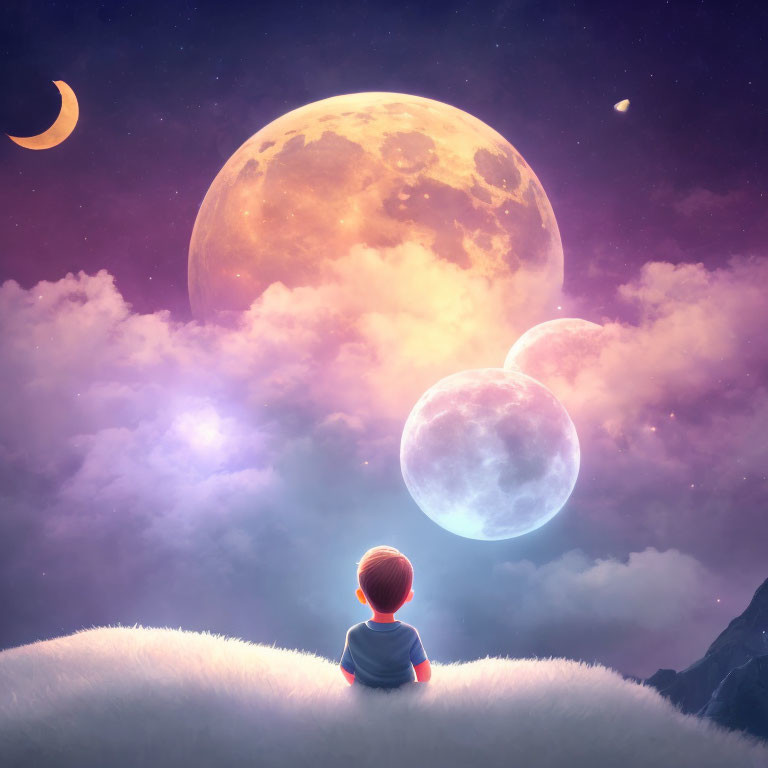 Child admires glowing moon on fluffy hill under purple sky.