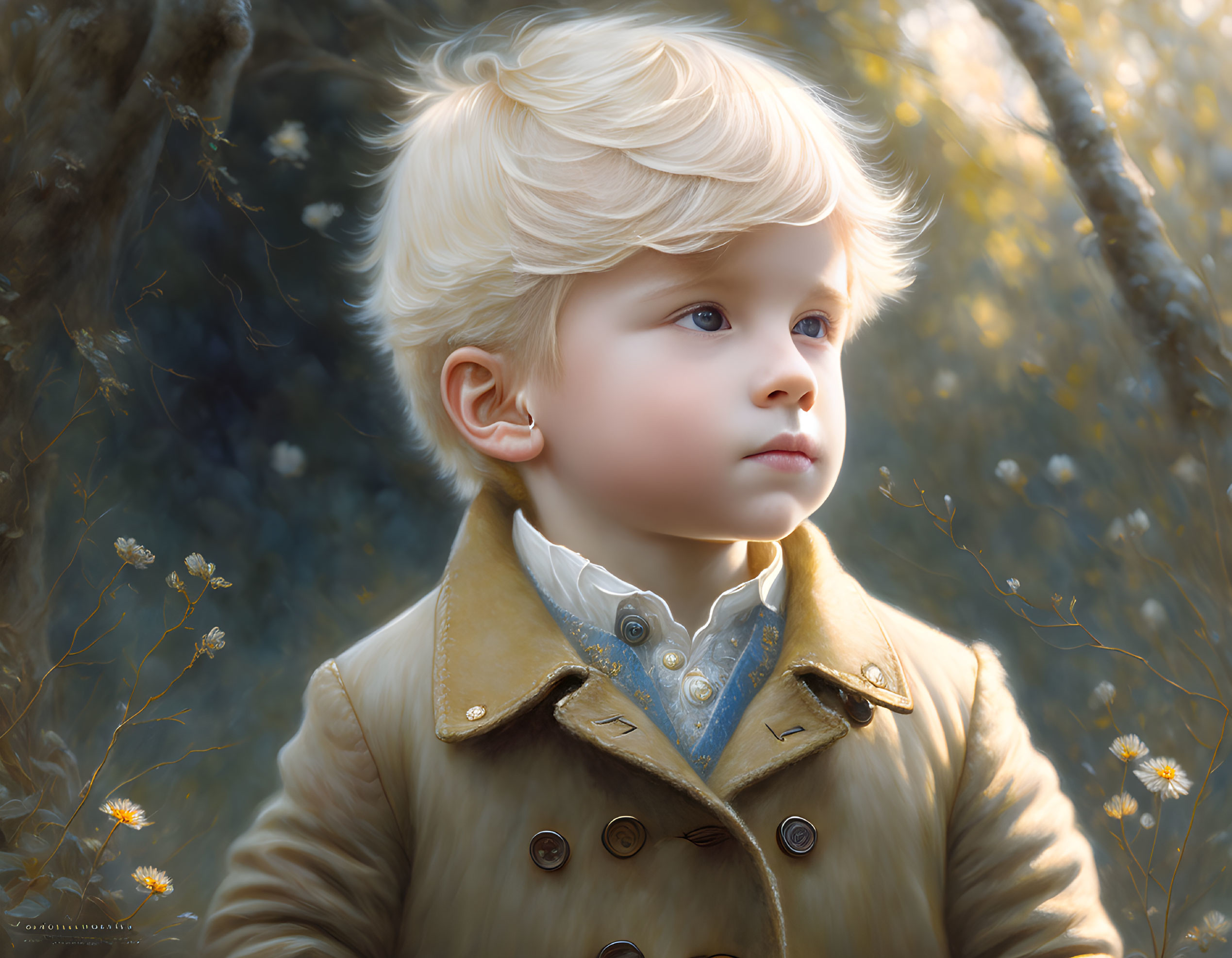 Blonde child in tan coat amidst golden foliage and white flowers