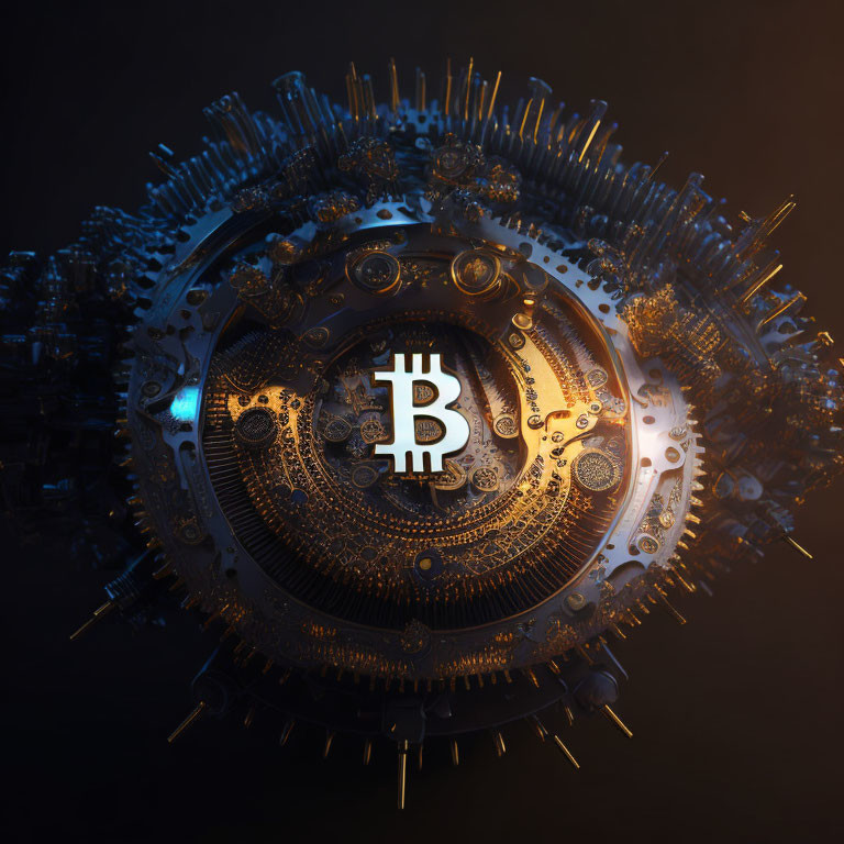 Detailed 3D-rendered mechanical sphere with glowing Bitcoin symbol