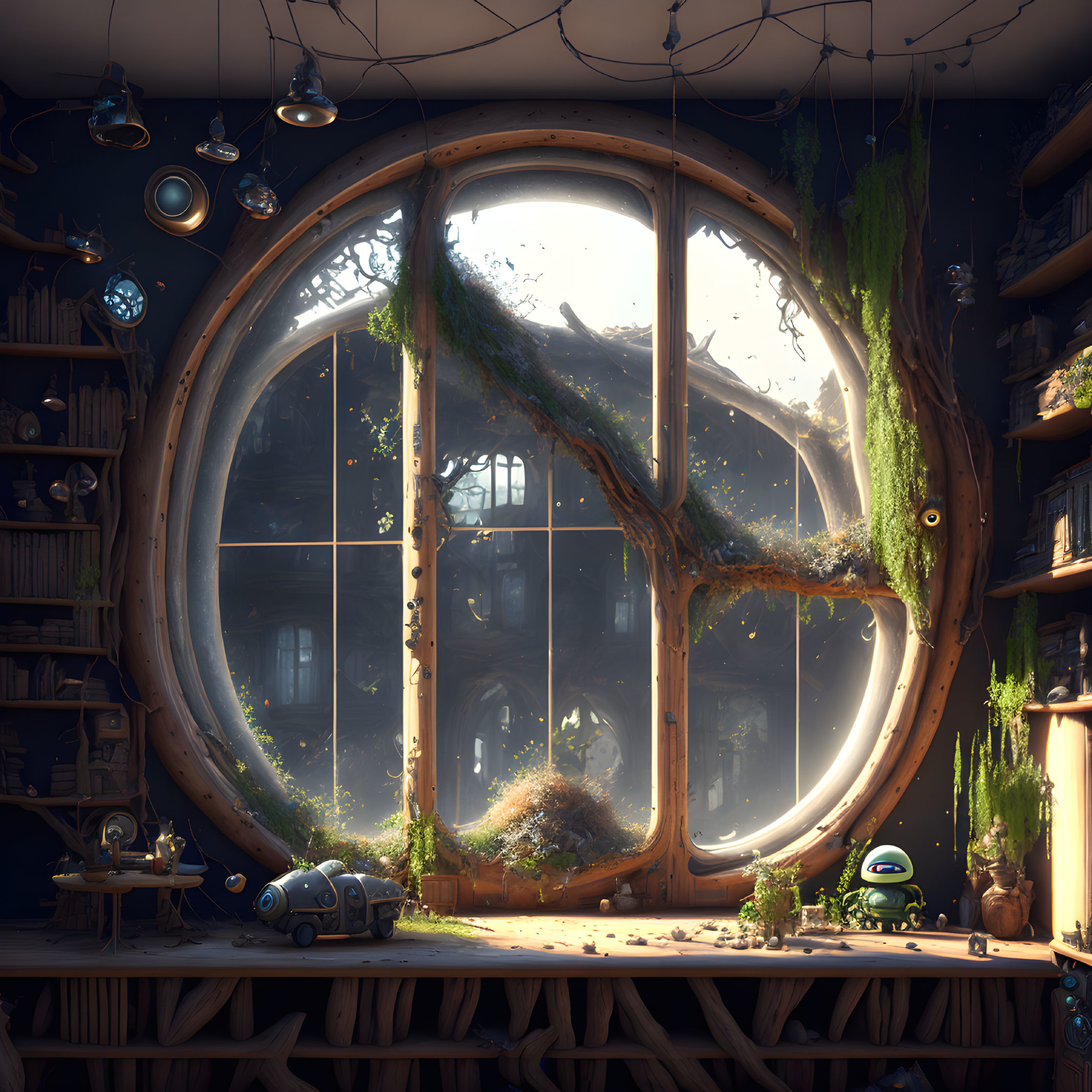 Sunlit Attic Room with Round Window Overlooking Forest and Furnished with Bookshelves and Telescope